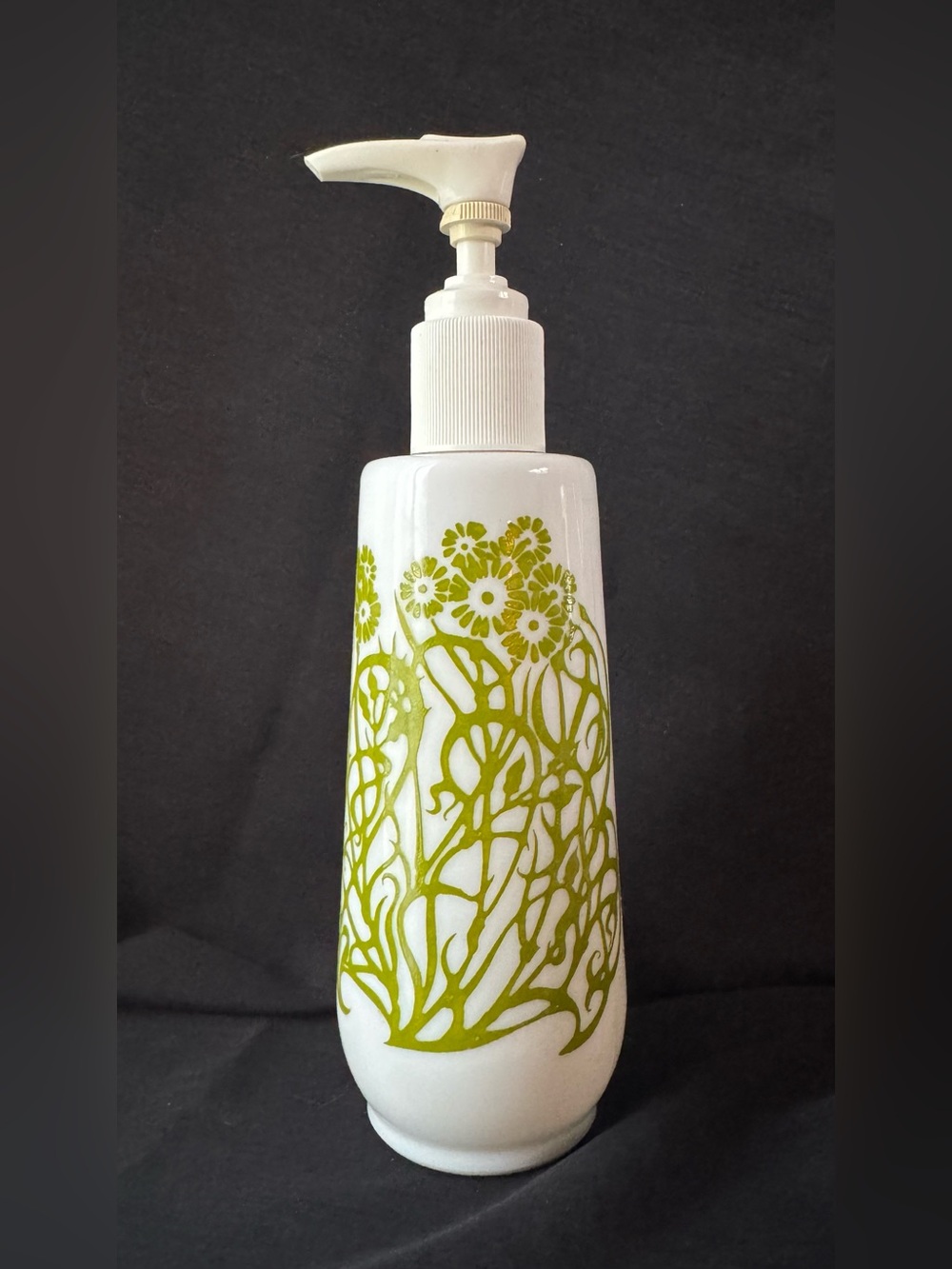 Vintage 1970’s Ameay milk glass soap/lotion dispenser with green floral design